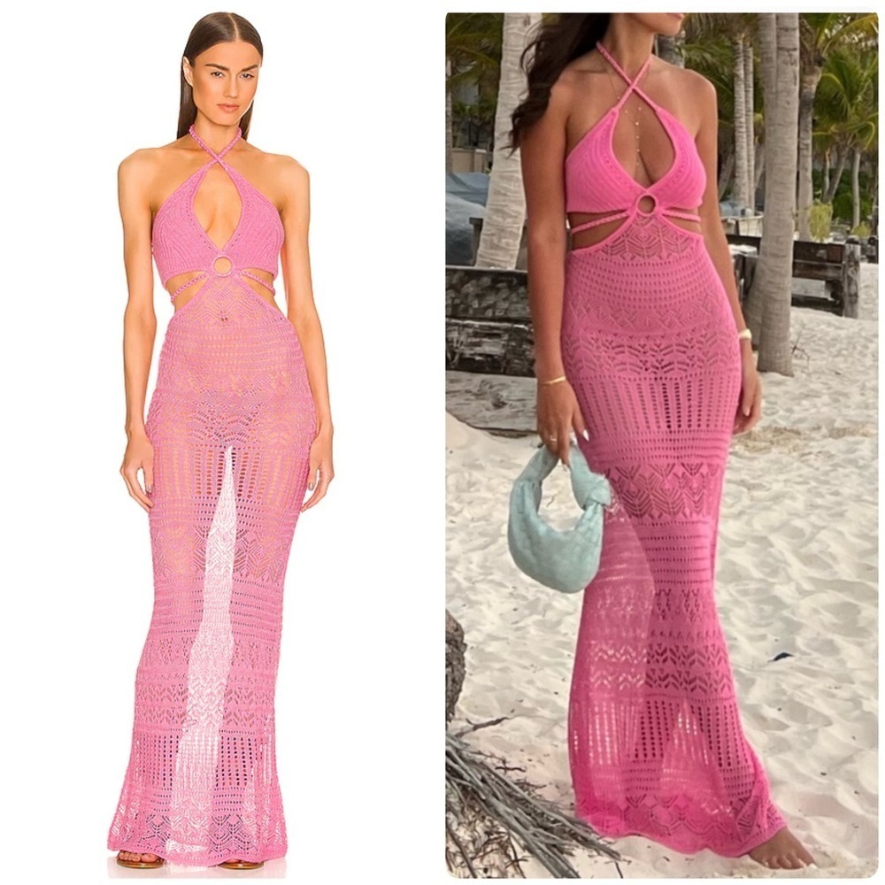New! DUNDAS x REVOLVE Maia Crochet Cut Out Maxi Dress in Hot Pink 💖 Medium